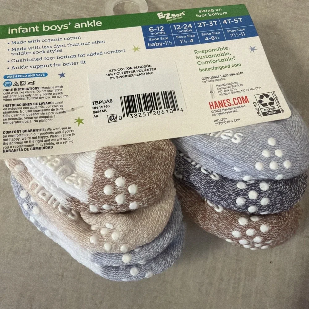 Hanes Multicolored 6 Pack Pure Comfort Ankle Socks Boys Size 6-12 Months
